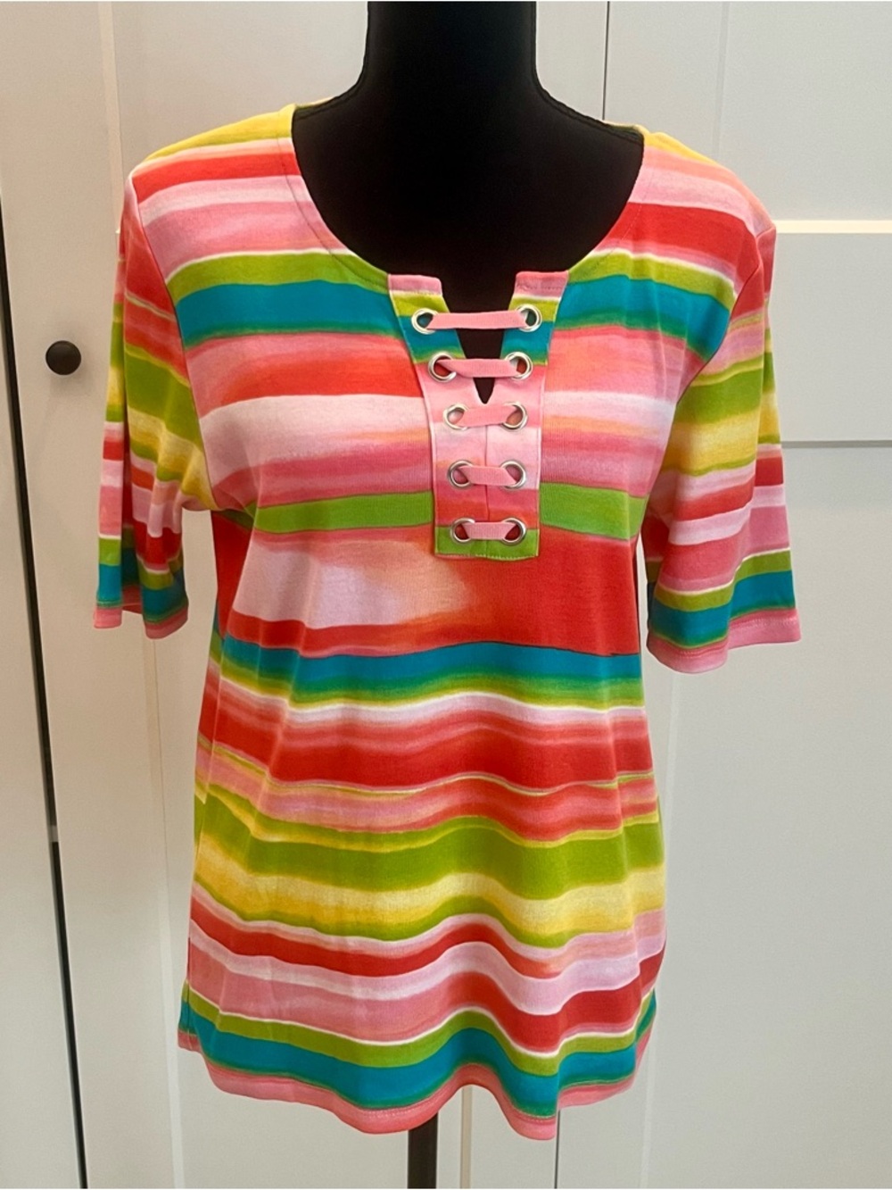 Rafaella Multicolor Striped Lace-Up Short Sleeve Top EUC 100% Cotton Size Large